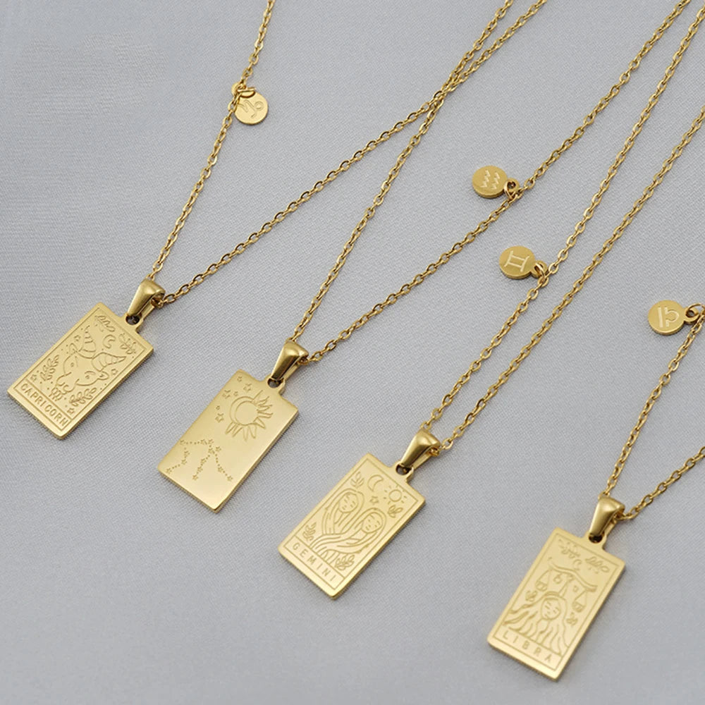 Gold-plated Aquarius zodiac necklace featuring engraved tarot pendant, durable stainless steel, stylish astrology jewelry gift.