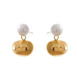 Gold bean-shaped geometric drop earrings with pearl accents and 18k plating, lightweight and romantic for daily wear