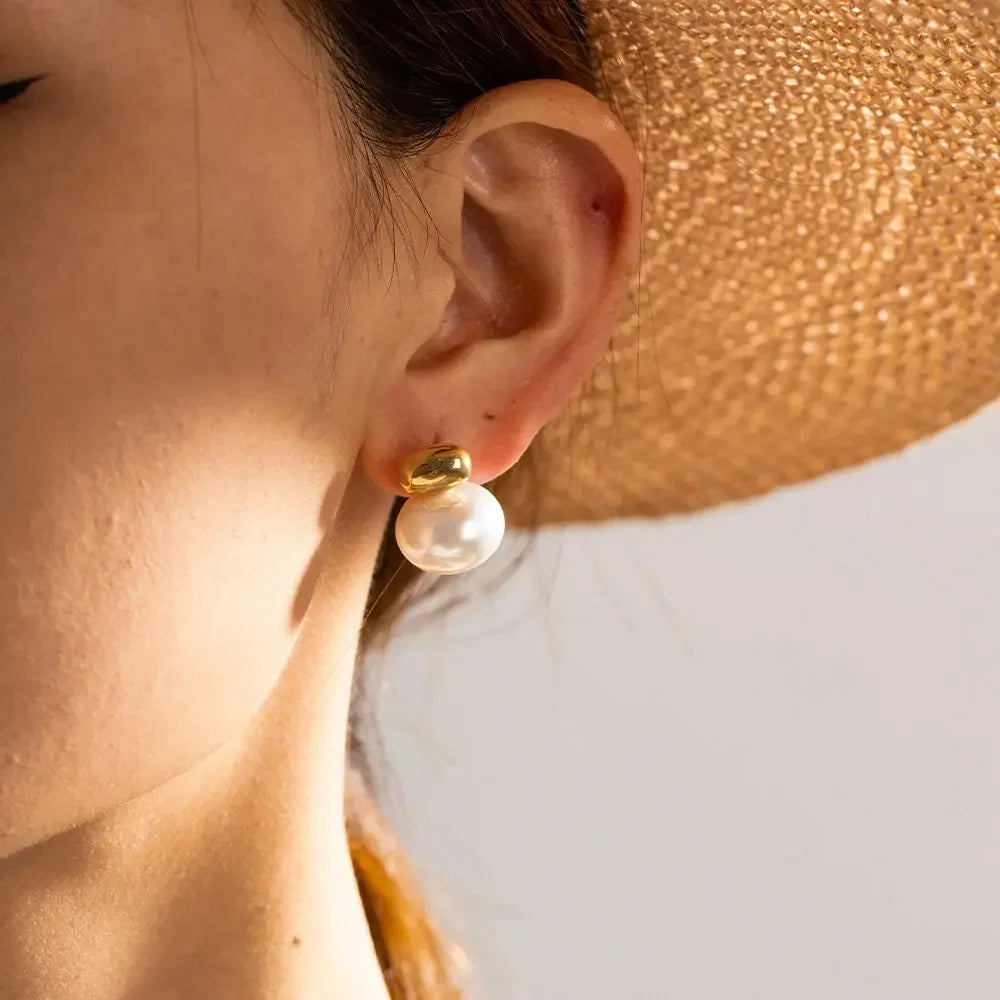 Classic Gold Double Pearl Stud Earrings, 18K gold-plated with a lustrous white pearl and polished gold cap, ideal for both casual and formal wear.