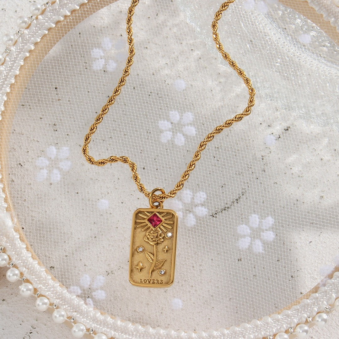  Elegant gold lovers tarot card pendant featuring rose and star design with cubic zirconia, perfect symbolic jewelry for daily wear.