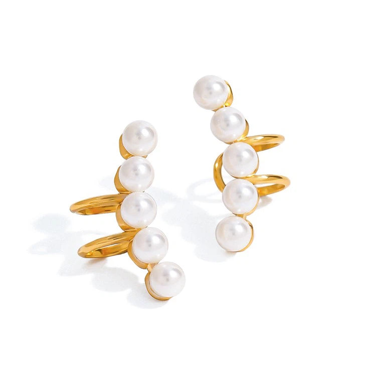 Stylish Gold-Plated Geometric Freshwater Pearl Ear Clips with five white pearls, offering a modern yet timeless design for any occasion.