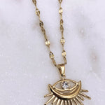 Stylish Gold-Plated Sunburst Evil Eye Pendant Necklace with rhinestone center, perfect for adding charm and protection to any outfit.