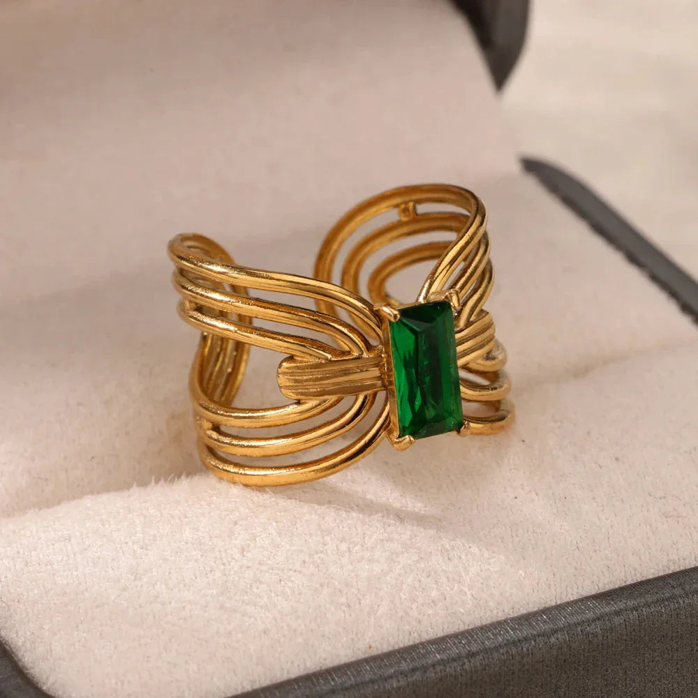 Bold Gold Rectangular Stone Ring featuring an emerald-green stone, 18K gold-plated with a textured, layered band for a sophisticated look.