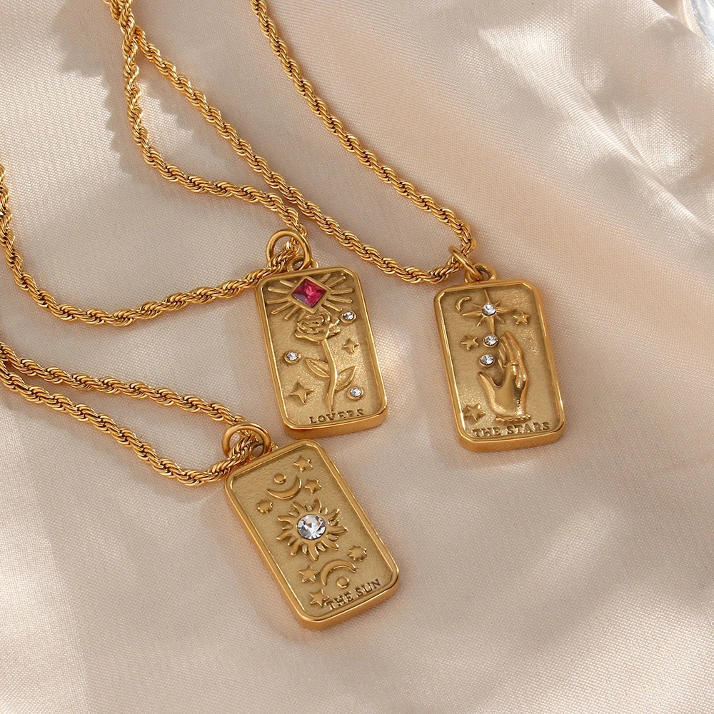 Gold Sun Tarot Card Charm Necklace, symbolizing happiness and peace, crafted with cubic zirconia sparkle.