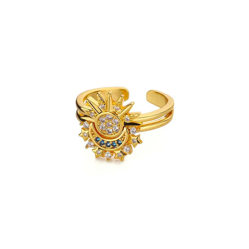 18k gold-plated sun and moon ring with celestial design and sparkling gems, adjustable for a perfect fit.