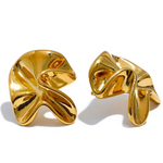 Elegant golden flower stud earrings with a crumpled 18k gold-plated finish, perfect for daily wear with a subtle, modern style.