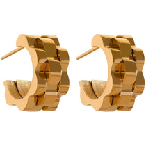 Golden geometric plated earrings with 18k gold finish, modern and bold design perfect for both casual and dressy looks

