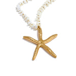 Golden starfish pendant necklace with shell bead chain, 18k gold plated, perfect for ocean lovers and beach-inspired style