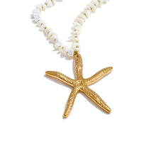 Golden starfish pendant necklace with shell bead chain, 18k gold plated, perfect for ocean lovers and beach-inspired style