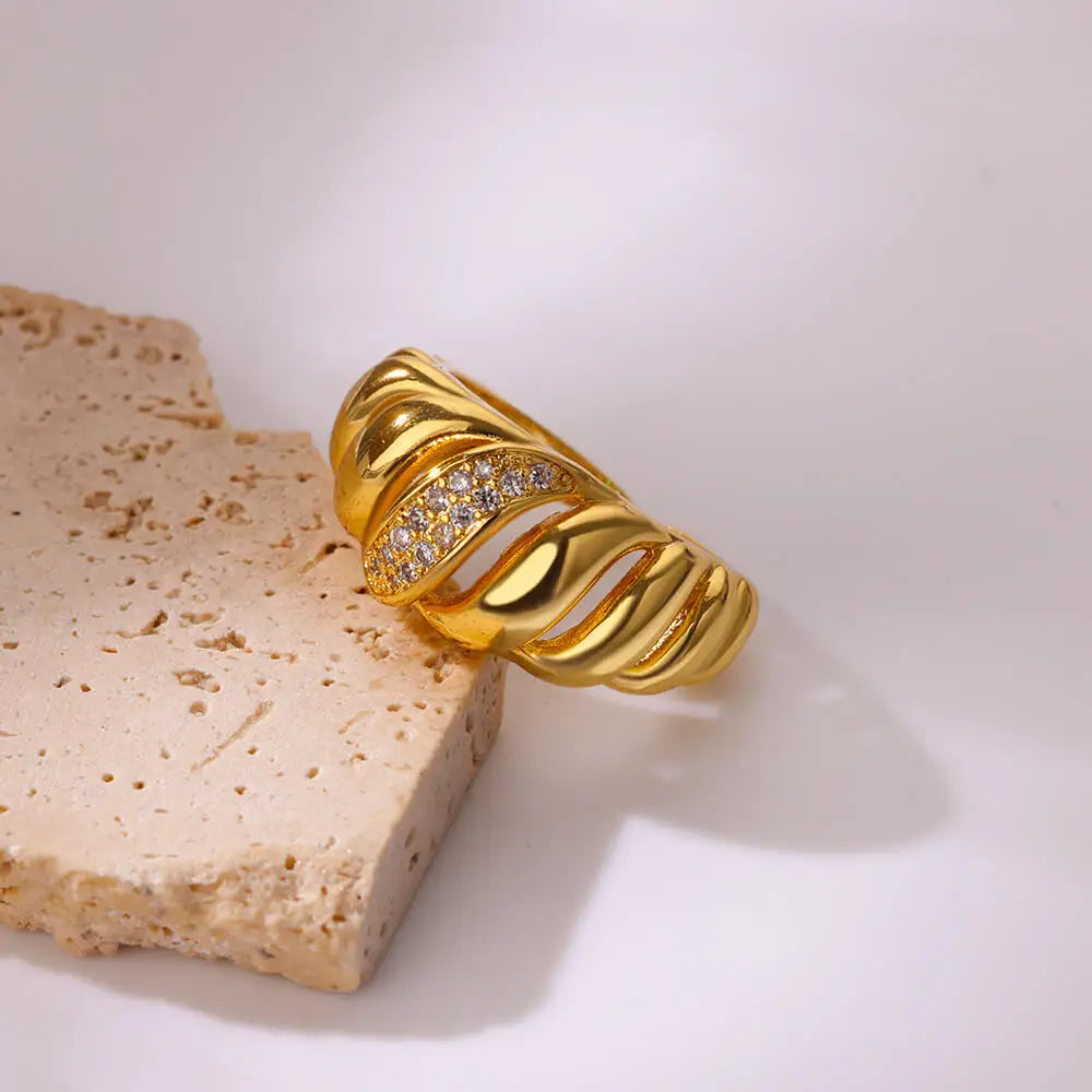 Bold Golden Wave Adjustable Statement Ring with sparkling crystals, 18K gold-plated for a stunning, elegant look on any occasion.