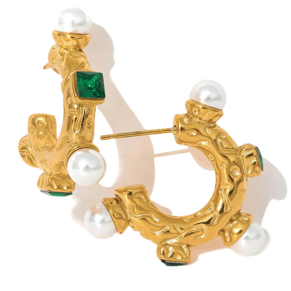Elegant Green Cubic Zirconia Hoop Earrings with glowing pearl and 18K gold plating, perfect for adding color and sparkle to any look.