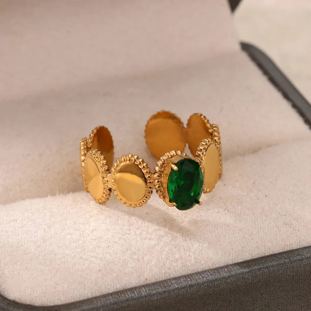 Elegant Green Gemstone Gold Band Ring with textured discs, 18K gold-plated and adjustable for a bold, luxe look.