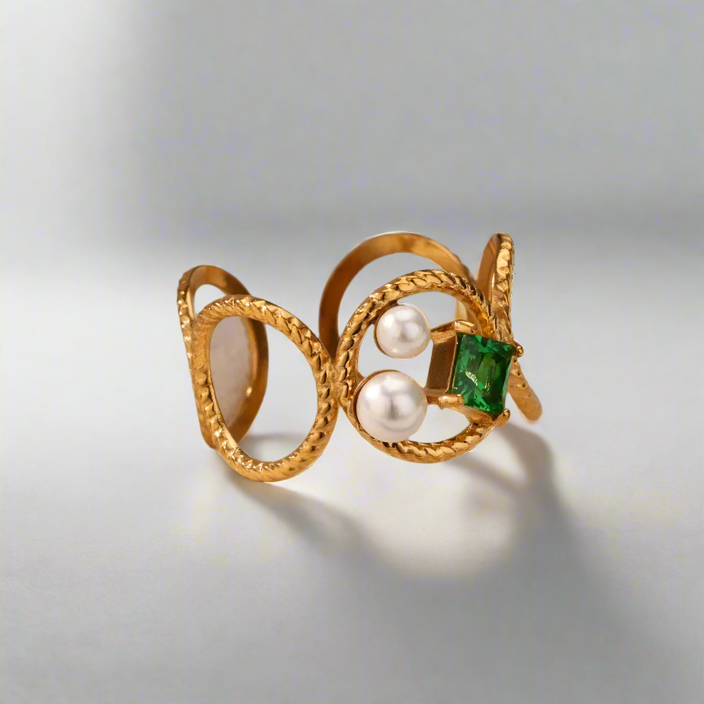 Elegant Green Gemstone Pearl Gold Ring with twisted design, 18K gold-plated finish, featuring vibrant green stone and lustrous pearls for a luxurious look.