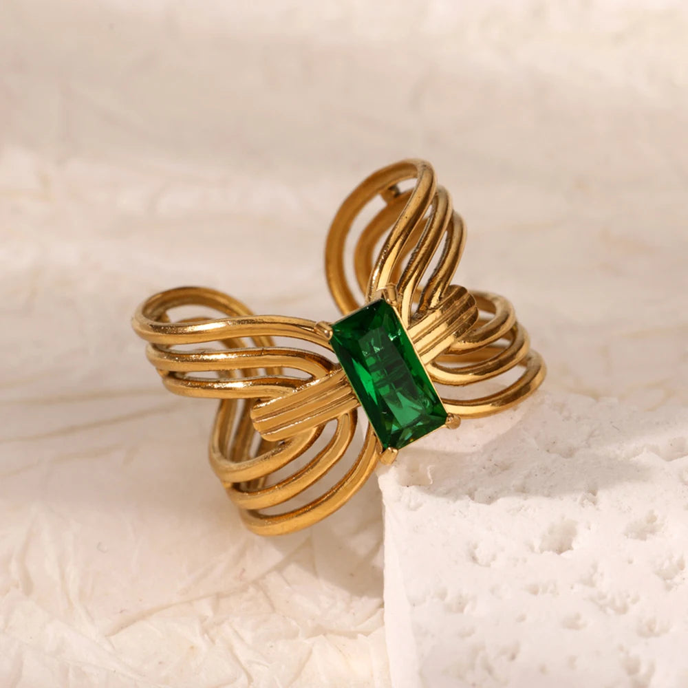 Elegant Green Rectangular Stone Ring with 18K gold plating, featuring an emerald-green stone and layered wire bands for a modern, bold look.