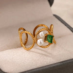  Beautiful Green Gemstone Pearl Gold Ring, 18K gold-plated, featuring a vibrant green stone and two lustrous pearls for an elegant, bold style.