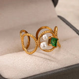  Beautiful Green Gemstone Pearl Gold Ring, 18K gold-plated, featuring a vibrant green stone and two lustrous pearls for an elegant, bold style.
