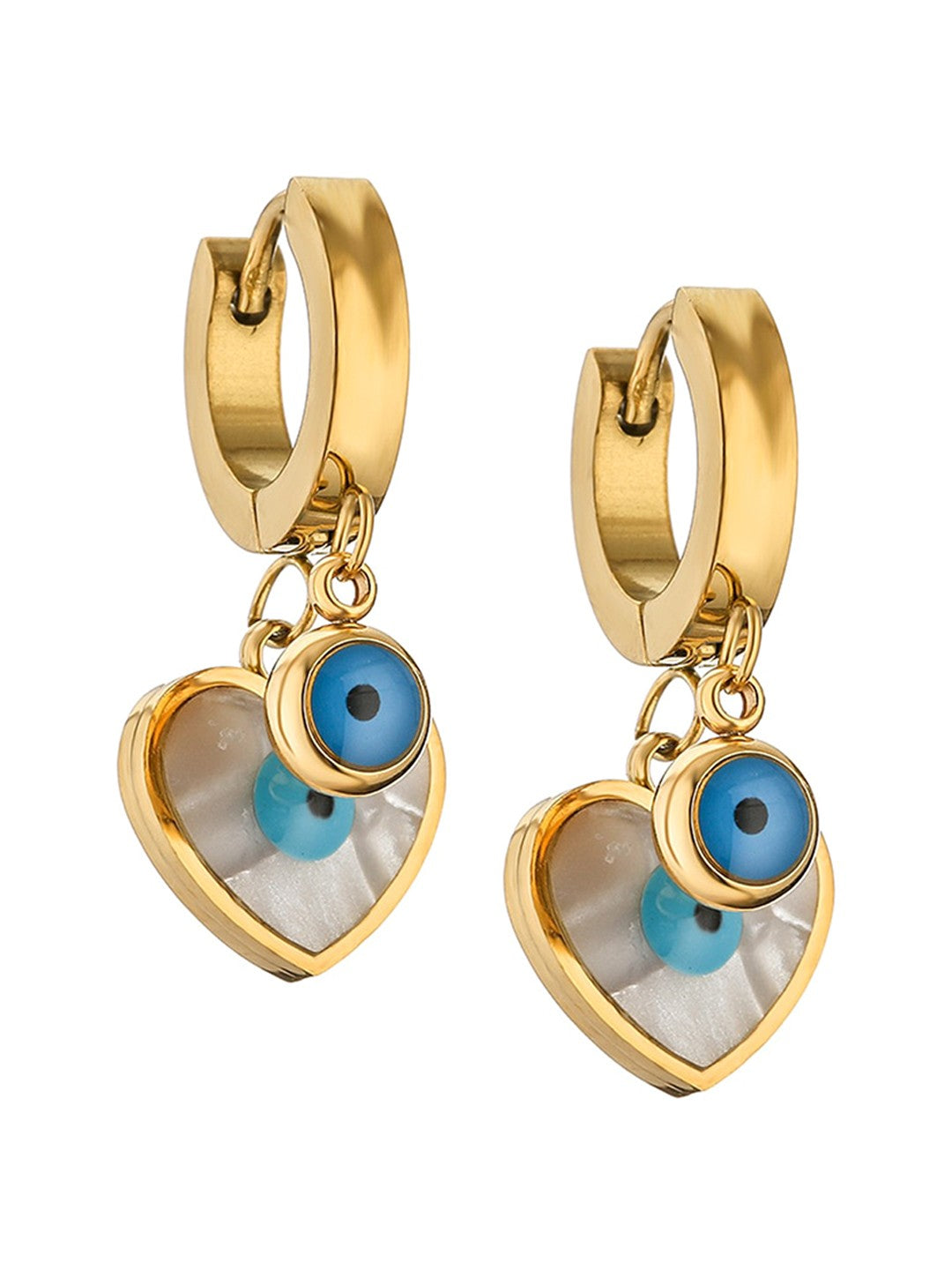 Gold heart-shaped blue evil eye earrings for women with symbolic design and lightweight stainless steel finish