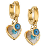 Gold heart-shaped blue evil eye earrings for women with symbolic design and lightweight stainless steel finish