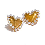 Heart shaped pearl stud earrings with gold plating, hypoallergenic and waterproof—ideal for romantic daily wear or gifting

