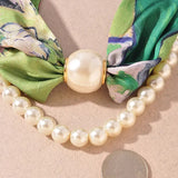 Floral Print Scarf Necklace with Pearl Beads