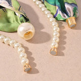 Floral Print Scarf Necklace with Pearl Beads