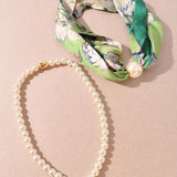 Floral Print Scarf Necklace with Pearl Beads