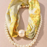 Floral Print Scarf Necklace with Pearl Beads