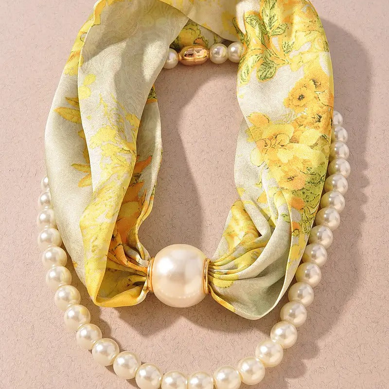 Floral Print Scarf Necklace with Pearl Beads