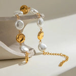 Stylish Imitation Pearl Circle Bracelet, 18K gold-plated with ivory pearls, perfect for adding a touch of elegance to any outfit.