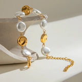 Stylish Imitation Pearl Circle Bracelet, 18K gold-plated with ivory pearls, perfect for adding a touch of elegance to any outfit.