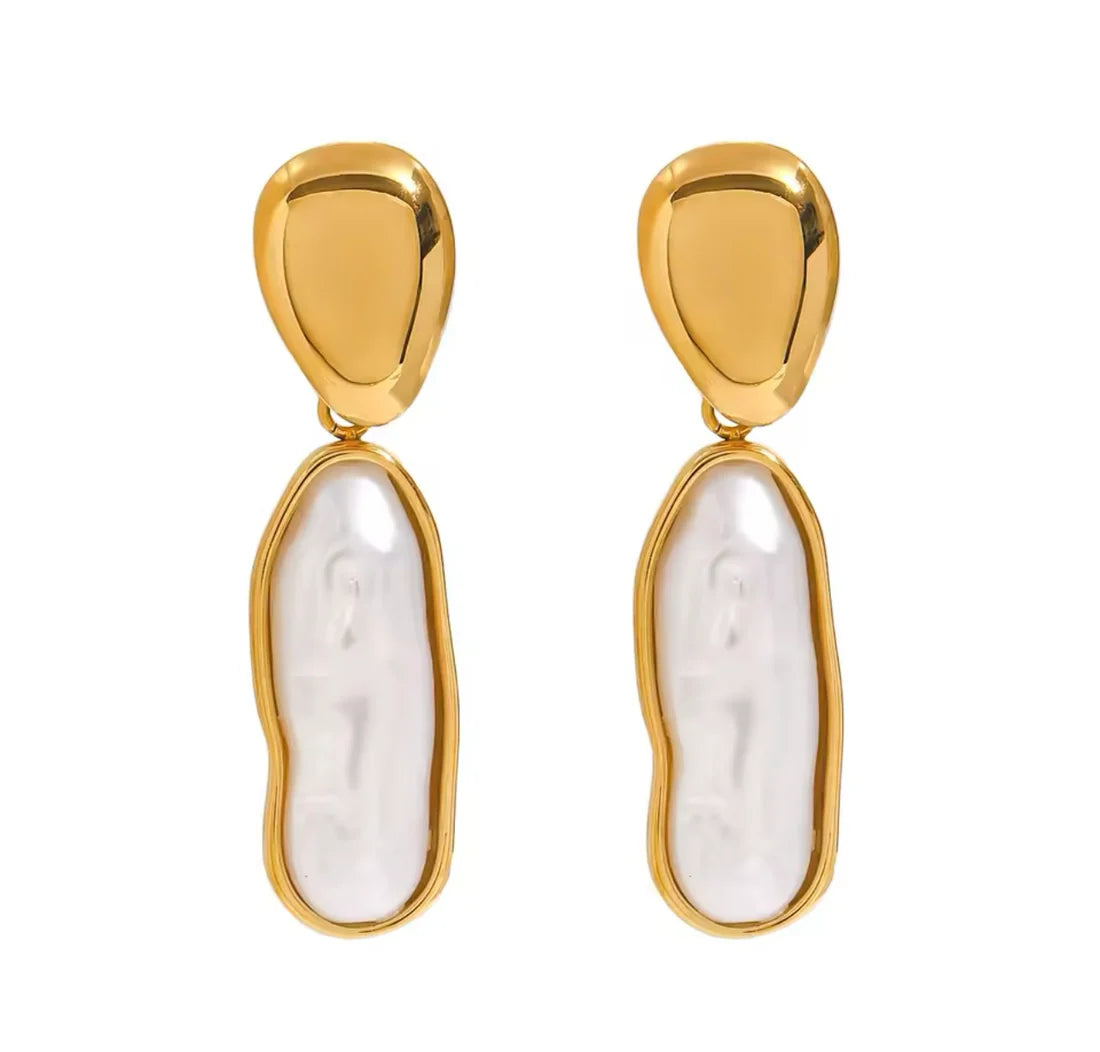 Sophisticated Gold-Plated Drop Earrings with irregular contemporary pearls, offering a chic and refined look for casual or formal wear.