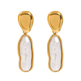 Sophisticated Gold-Plated Drop Earrings with irregular contemporary pearls, offering a chic and refined look for casual or formal wear.