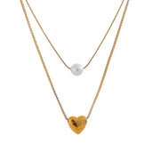 18k gold layered necklace with pearl and heart charm, elegant and romantic design perfect for daily wear or gifting