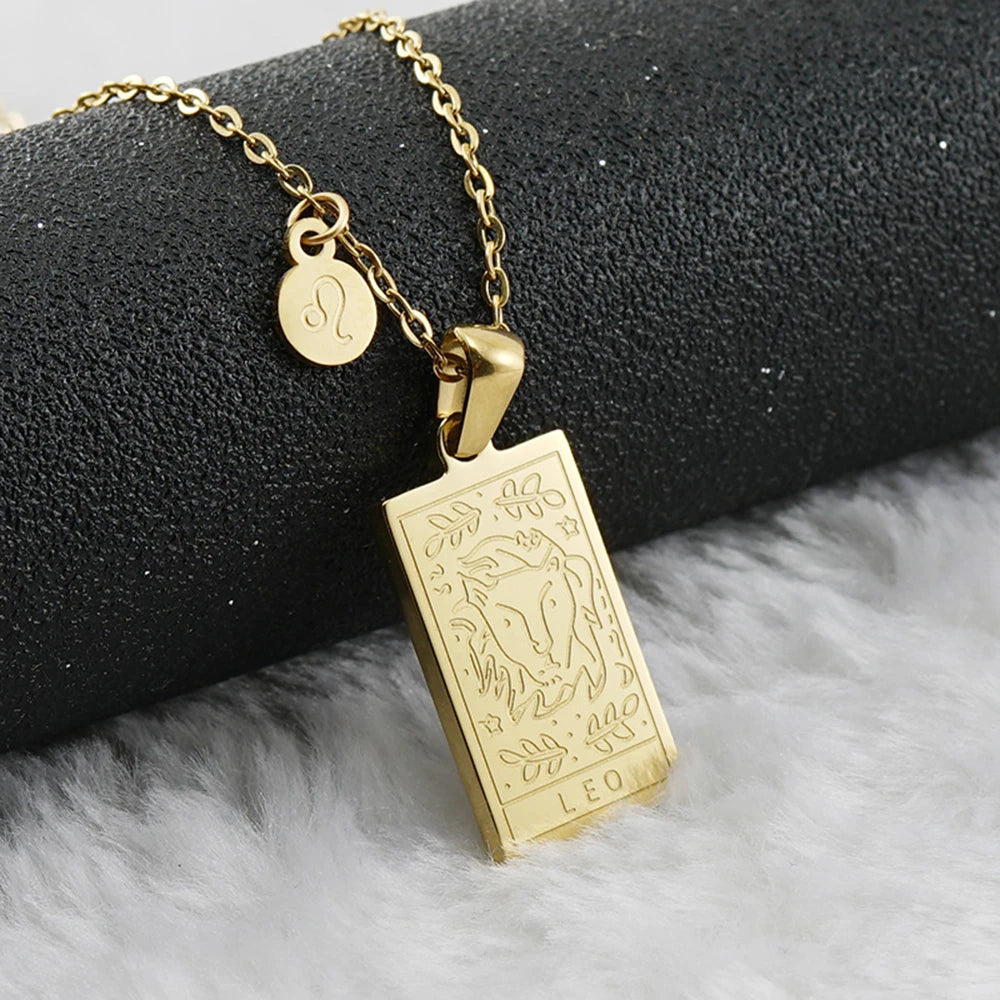 Leo zodiac sign tarot necklace with engraved gold-tone pendant, 18k gold-plated stainless steel, durable and stylish gift for daily wear.