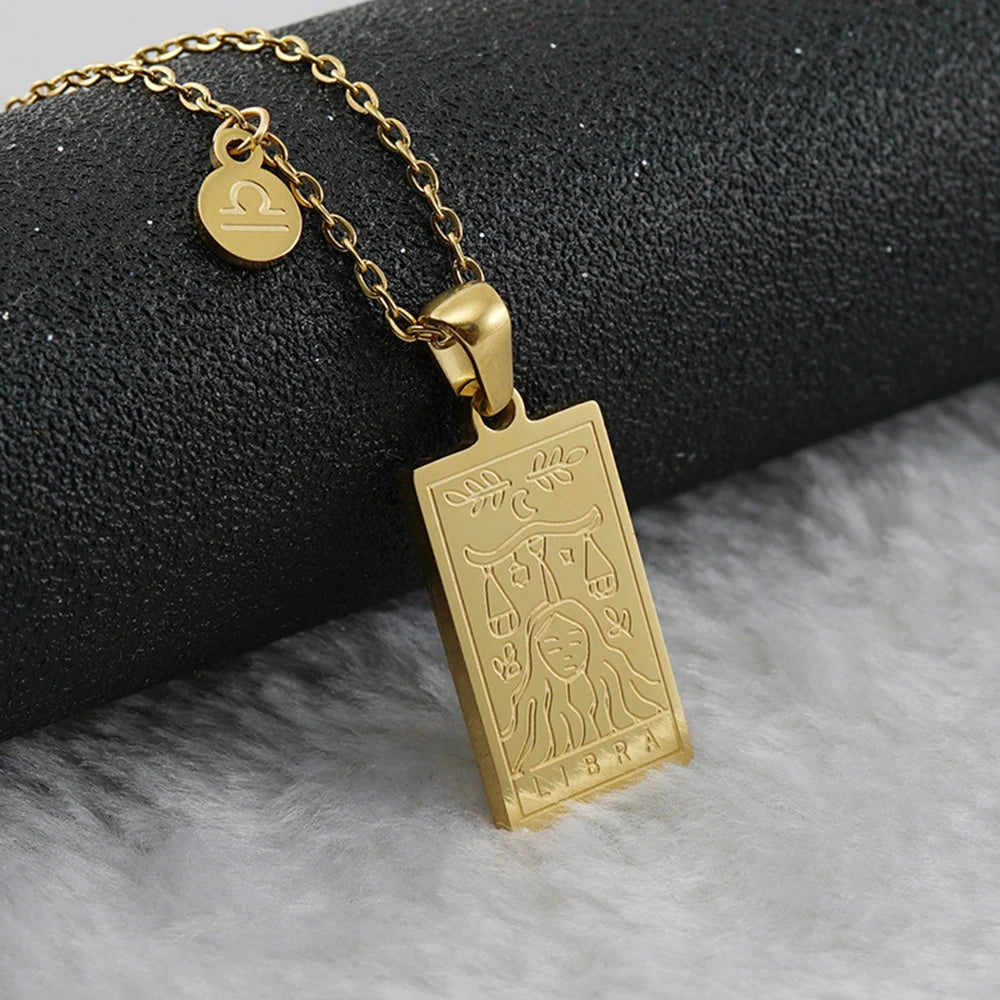 Libra zodiac tarot necklace with engraved gold-tone pendant, 18k gold-plated stainless steel, stylish and durable astrology jewelry gift.
