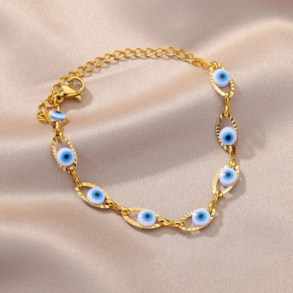 Light Blue Evil Eye Bracelet with gold-plated stainless steel, a stylish accessory that brings protection and good vibes.