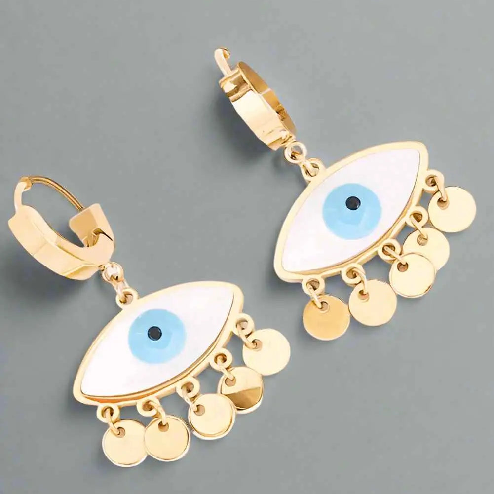 Lightweight shell evil eye earrings for women in gold-plated stainless steel with protective blue charm.