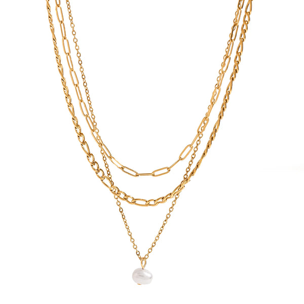 Natural Pearl Gold Triple Chain Necklace - Elegant & Versatile