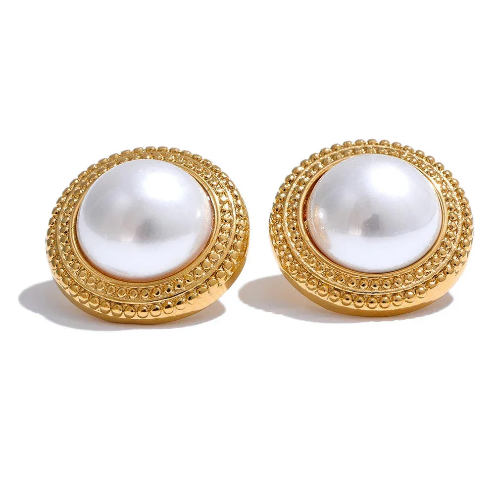 Elegant 12mm round pearl stud earrings with 18k gold plating, perfect for timeless and everyday elegance