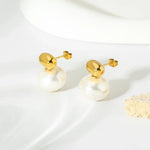 Beautiful Double Pearl Gold Stud Earrings, 18K gold-plated with a shiny white pearl and gold cap, offering a chic and modern design.