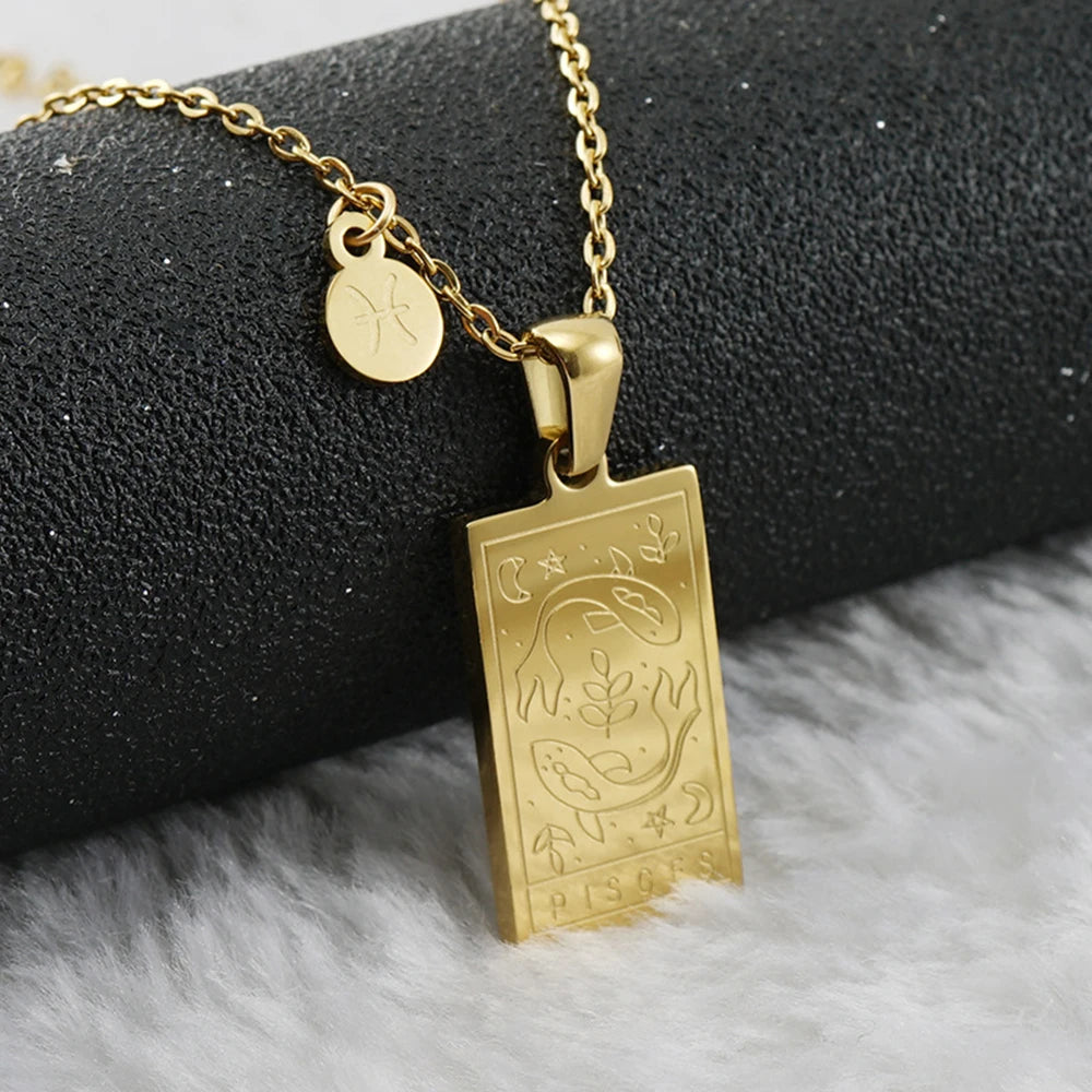 Pisces zodiac tarot necklace with engraved gold-tone pendant, 18k gold-plated stainless steel, stylish and durable astrology jewelry gift.
