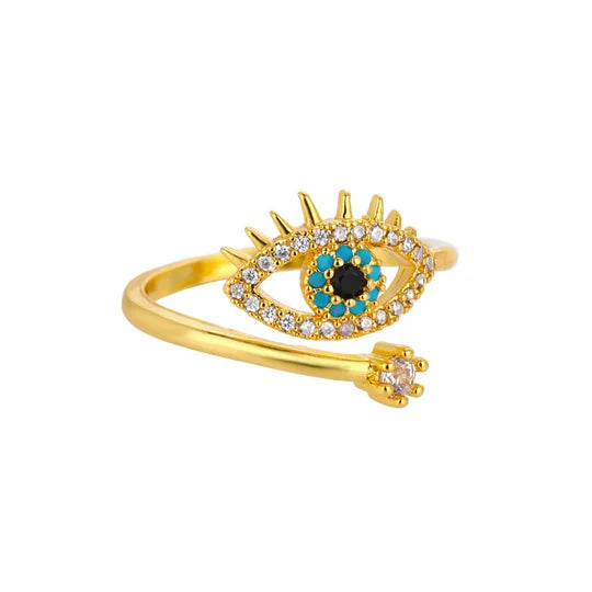 Protection ring with classic blue evil eye design, gold-plated finish, and meaningful gemstone details for spiritual defense.