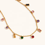Fun Rainbow Charm Necklace Bracelet with 18K gold-plating, featuring colorful gemstone charms for a lively, standout look.