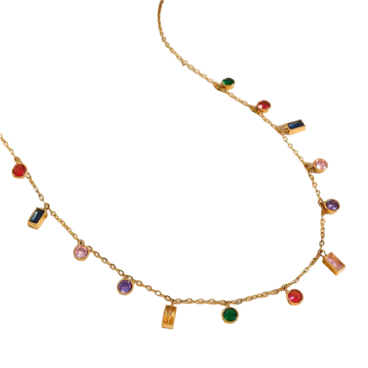 Colorful Rainbow Charm Summer Necklace Bracelet, 18K gold-plated with vibrant gemstone charms, perfect for adding a fun, lively touch to any outfit.