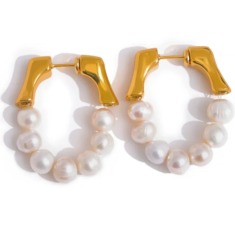Royal white pearl hoop earrings with 18k gold plating, bold and elegant design for a timeless modern statement