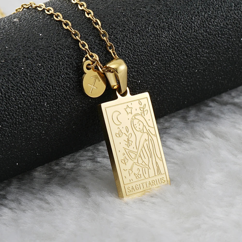 Sagittarius zodiac sign tarot necklace with engraved gold-tone pendant, 18k gold-plated stainless steel, stylish and durable astrology jewelry.