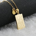 Sagittarius zodiac sign tarot necklace with engraved gold-tone pendant, 18k gold-plated stainless steel, stylish and durable astrology jewelry.