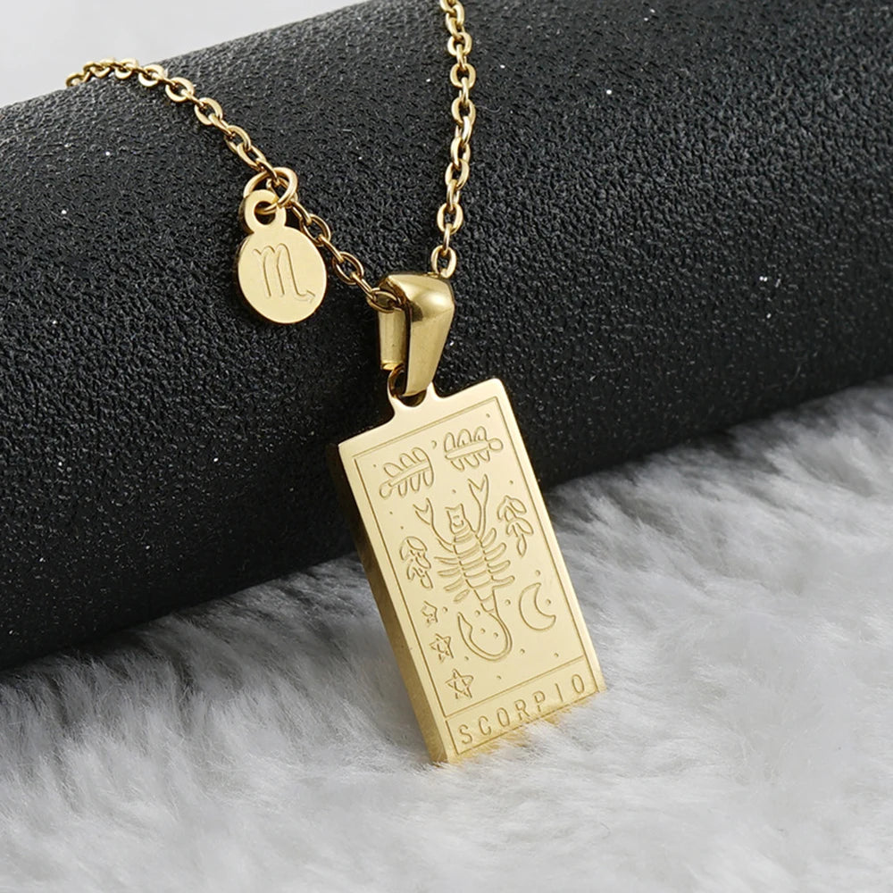 Scorpio zodiac tarot necklace with engraved gold-tone pendant, 18k gold-plated stainless steel, stylish and durable astrology jewelry gift.