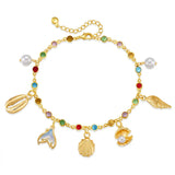 Stunning Sea-Inspired Colorful Charm Bracelet, 18K gold-plated with vibrant stones and sea-themed charms for a chic, eye-catching look.