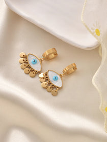 Gold-plated shell evil eye drop earrings with blue charm, lightweight and stylish for everyday wear and protection.